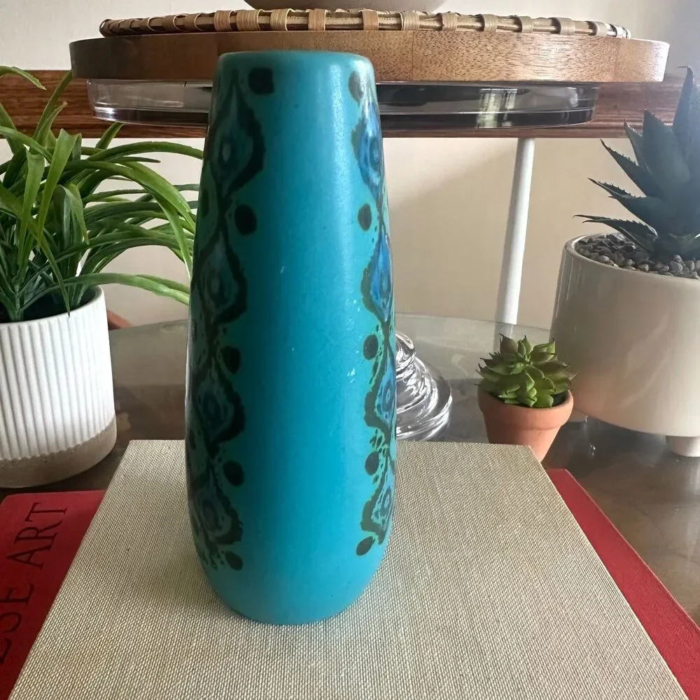 Vintage MCM Sasha Brastoff Turquoise Blue Art Pottery Bud Vase Peacock Design